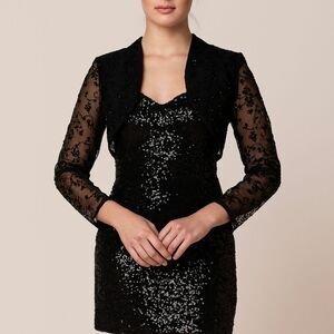 Vtg Jacket Topper Black Short M Open 80’s Shoulder Pads Lacy Cape Shawl Dressy